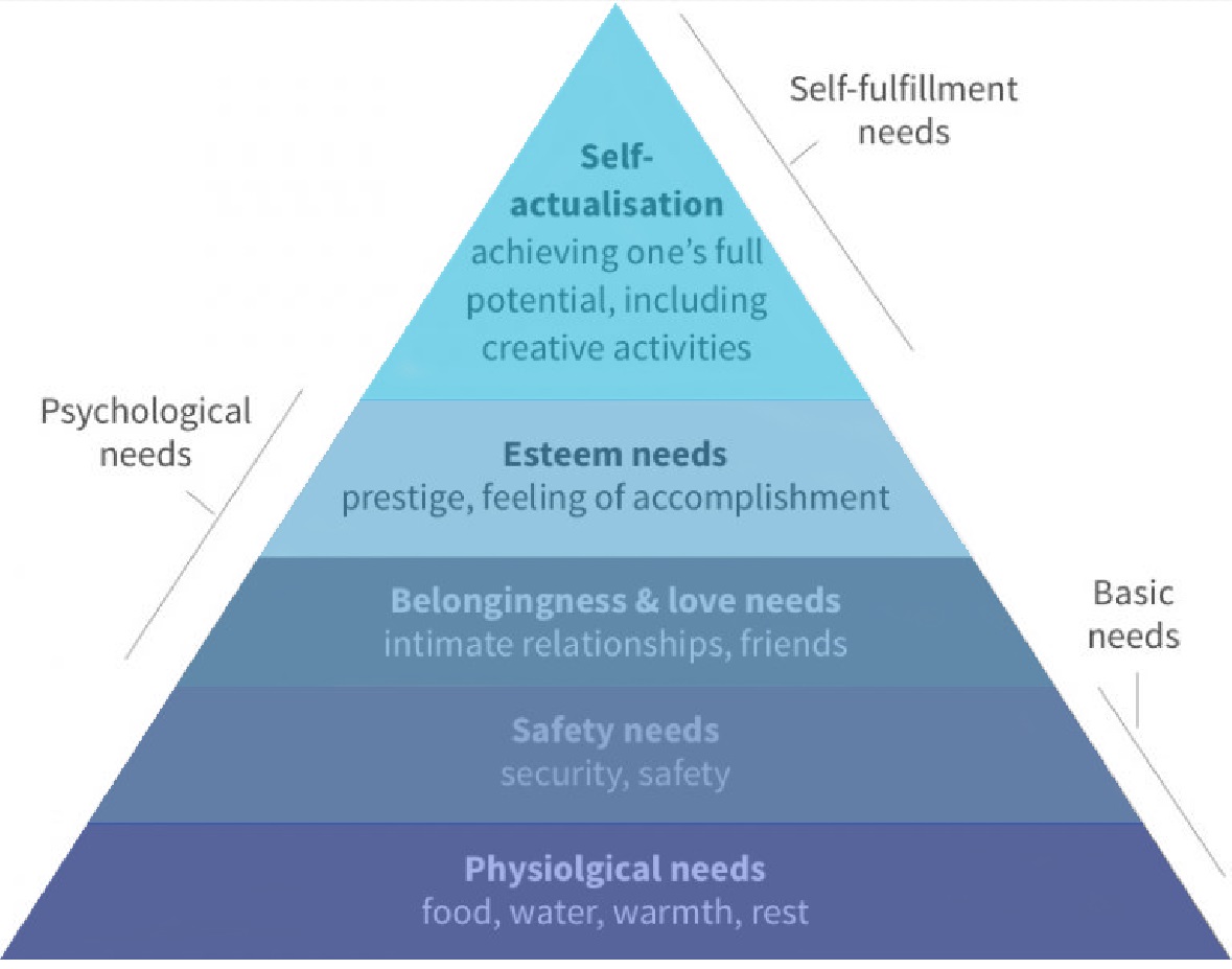 Self-actualization, esteem needs, belongingness and love needs, safety needs, physiological needs