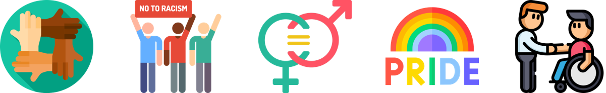 symbols of inclusivity - joined hands of different colour skin, people with "no to racism" sign, gender equality, Pride flag, person using a wheelchair being greeted by someone standing