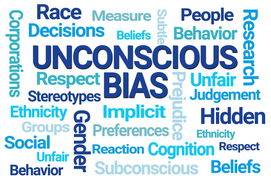 Unconscious bias word cloud filled with words that say Race, decisions, measure, beliefs, people, behaviour, research, unfair, judgement, corporations, resepect, stereotypes, ethnicity, groups, social, unfair, implicit, preferences, reaction, cognition, subconscious, respect, ethnicity, subtle