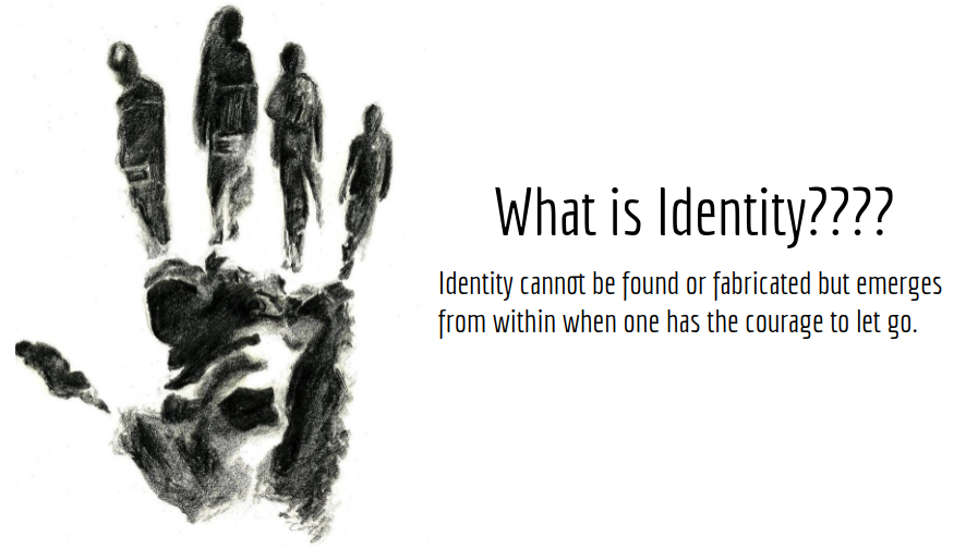 Charcoal drawing of a hand that looks like it's made of many people. What is identity? Identity cannot be found or fabricated but emerges from within when one has the courage to let go.